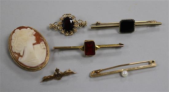 A gold framed cameo brooch and five bar brooches